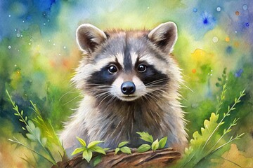 Obraz premium Charming Raccoon Watercolor Painting with Whimsical Colors and Delicate Brush Strokes in Nature