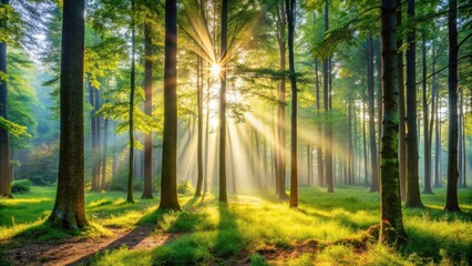 Fototapeta premium Sunbeams illuminate a forest floor, casting long shadows through the trees, creating a serene and magical atmosphere.
