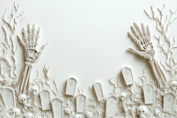 Quilled Skeleton Hands and Paper-Cut Tombstones Halloween Border Design with Blank Center for Text