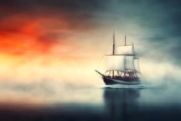 Fototapeta premium Stately cruise ship gliding across the calm ocean with billowing white sails catching the warm evening breeze passengers silhouetted against the fiery sunset
