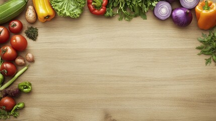 A vibrant assortment of fresh vegetables arranged on a wooden surface, ideal for cooking or healthy eating.