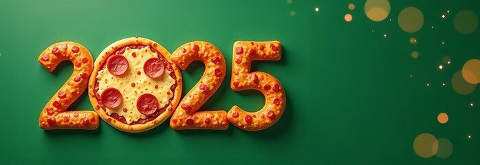 New Year's Eve Card 2025 from a Pizzeria, Pizza on a Green Background with Numbers 2025. High quality photo