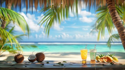 Tropical Beach Bar with Cocktails and Coconuts