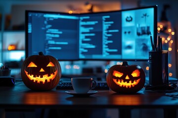 A photo of an office desk with computer monitors, a pumpkin-shaped coffee cup on the right side, and another small Halloween-themed mug in front of it. 