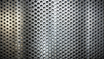 A silvery metal sheet with a pattern of evenly spaced round perforations, the holes creating a grid-like texture