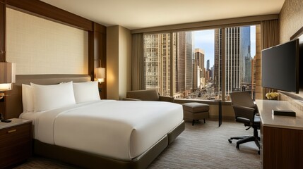 Obraz premium An inviting hotel bedroom with modern, elegant design, soft cream colors, and large windows offering a view of the city outside.