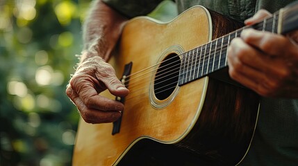Close-up of Elderly Hands Playing Acoustic Guitar