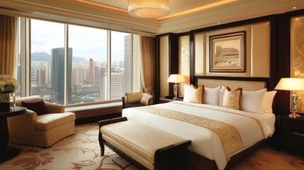 Obraz premium An inviting hotel bedroom with modern, elegant design, soft cream colors, and large windows offering a view of the city outside.