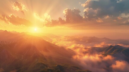 Golden Hour Mountain Landscape: Dramatic Sunset Over Foggy Peaks