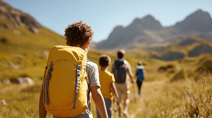 A family enjoying a hike together, taking in the beauty of nature on a sunny Sunday, Sunday family hike, outdoor exploration