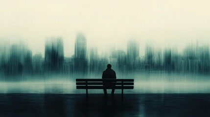 Blurry cityscape with a lone man sitting on a bench, conveying themes of isolation, introspection, and contemplation in an urban setting.