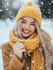 Smiling woman in yellow knit hat and scarf in snow.