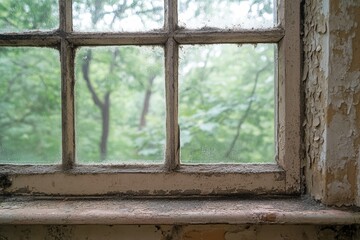 A weathered window frame showing a lush green forest view.