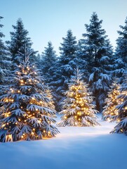 Two snow-covered pine trees in a winter forest, adorned with warm fairy lights, create a magical Christmas scene.