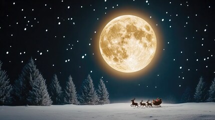 Naklejka premium Under a glowing full moon, soft snowflakes fall on a tranquil winter landscape, while Santa's sleigh glides across the starry sky above dark tree silhouettes