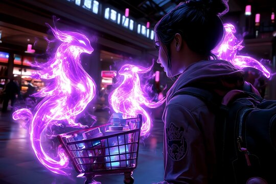 Fantasy depiction of a shopper in a digital bazaar where magical creatures deliver products instantly to the virtual cart, glowing with ethereal light