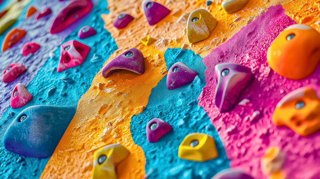 A climbing wall in a room designed for amateur climbing, simulating mountain climbing. The wall features colorful holds with holes for easier climbing.