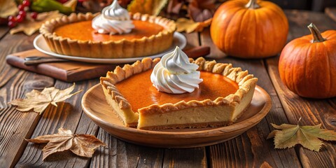 Classic Pumpkin Pie with Whipped Cream on a Rustic Wooden Table for Thanksgiving Celebration