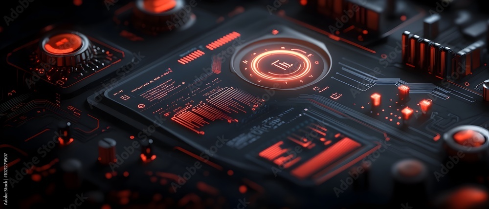 Poster cutting edge data dashboard featuring a luminescent touch enabled interface and intricate holographi