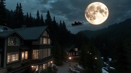 Fototapeta premium Under a glowing full moon, soft snowflakes fall on a tranquil winter landscape, while Santa's sleigh glides across the starry sky above dark tree silhouettes