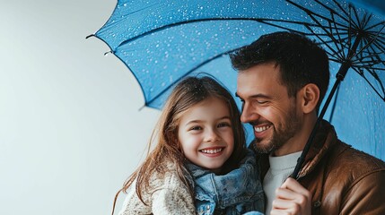 A father and daughter share a smile under a blue umbrella in the rain.