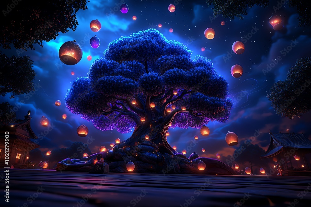 Poster fantasy depiction of an ancient tree glowing with magical light, surrounded by floating orbs and lan