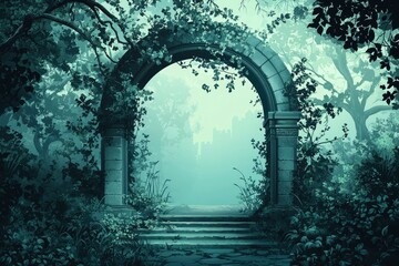 Stone Archway Leading to a Foggy Forest with a Distant City Skyline
