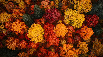 Autumn colorful forest from a bird's eye view. Design banner template for wallpapers, backdrops and autumn backgrounds