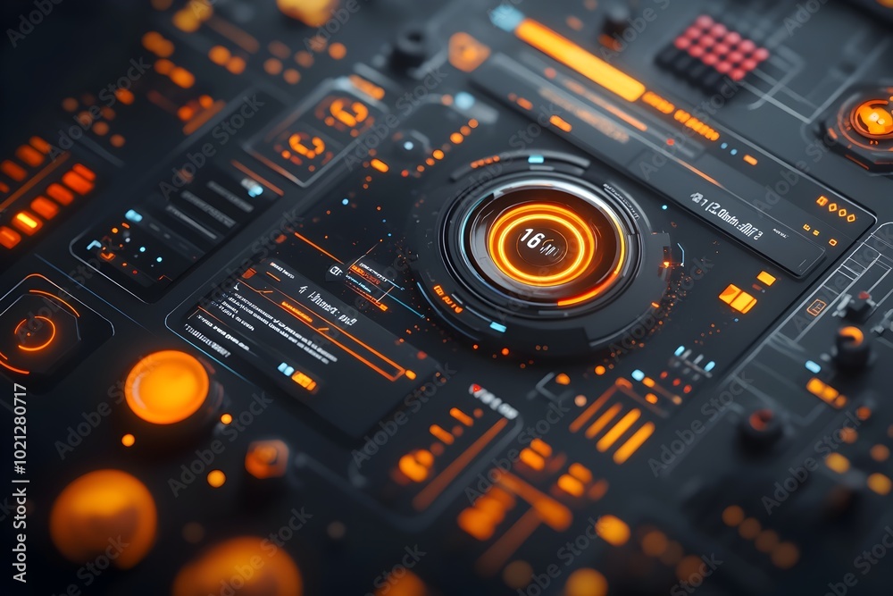 Poster Elegant and Modern User Interface Layout featuring Captivating Heads Up Display and Sophisticated Graphical User Interface for Game Creation in a Muted Tone Futuristic Technology Environment