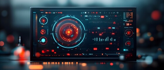 Fototapeta premium Mesmerizing futuristic digital data display with seamless blending of immersive HUD overlay and vibrant color palette of sleek high tech GUI elements