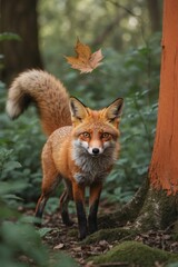 Fototapeta premium Looking forest floor fox gently macro forest orange tree flying edge flying.