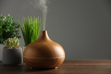 Aroma oil diffuser and houseplants on wooden table, space for text