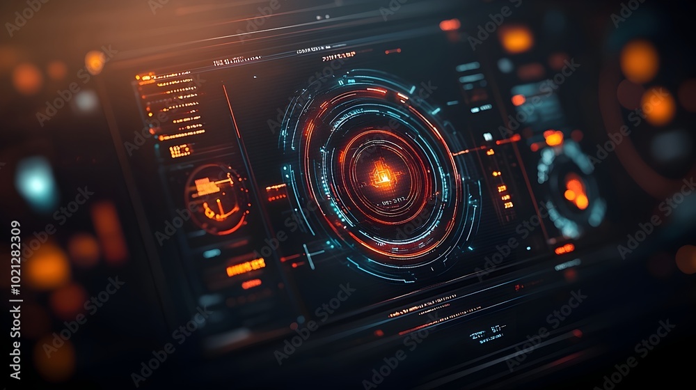 Poster striking futuristic digital data display with sleek interface elements and vivid holographic project