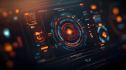 Obraz premium Striking Futuristic Digital Data Display with Sleek Interface Elements and Vivid Holographic Projections Complex HUD Visualizations Cinematic Sci Fi Technique and High Definition Atmosphere