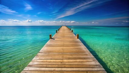 Fototapeta premium A wooden pier extends towards a breathtaking expanse of turquoise water, offering a tranquil escape beneath a cloudless blue sky.
