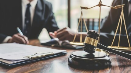 Two men in suits are sitting at a desk with a gavel and a piece of paper