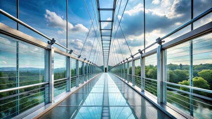 Obraz premium A glass-bottom walkway on a suspension bridge, surrounded by lush greenery, provides a breathtaking view of the landscape below.