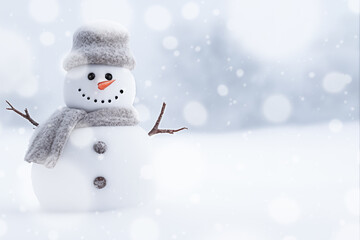 Fototapeta premium Snowman in a scarf and hat during snowfall, copy space.