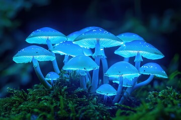 A group of glowing mushrooms, illuminated in the dark, with blue and green hues. High quality