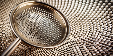 A close-up view of a metallic strainer with a circular pattern of holes, resting on a textured metallic surface, creating a captivating interplay of light and shadow