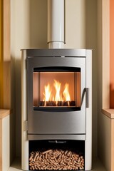 Wood pellet stove featuring clear window showcasing burning pellets for a cozy ambiance.
