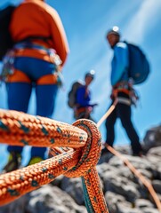 Three climbers preparing for ascent, showcasing vibrant climbing gear and strong rope.