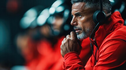 A focused coach in a red jacket listens intently, analyzing the game, with players in helmets visible in the background.