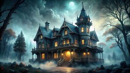 Obraz premium An Eerie Victorian Mansion Nestled in the Mist, Illuminated by Moonlight, Its Windows Gleaming with a Mysterious Glow