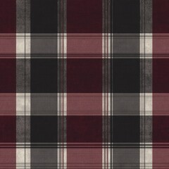 Stylish plaid fabric in deep burgundy, black, and gray tones for fashion or home decor.