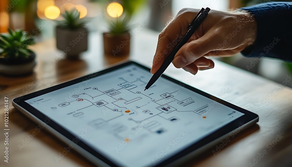 Aufkleber a hand holding a stylus interacts with a tablet displaying a digital diagram, surrounded by small po