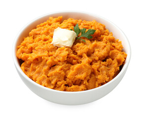 Delicious mashed sweet potatoes with butter and parsley in bowl isolated on white