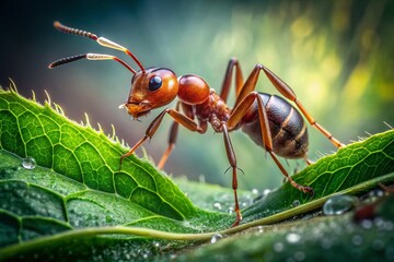 Close-up of a sugar ant on a leaf, showcasing intricate details and natural habitat environment