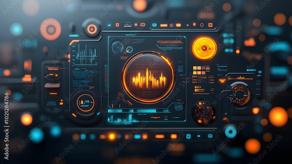 Poster captivating digital data visualization with holographic user interface elements neon lit control pan