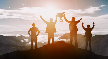 Achievement and Business Goal Success Concept - Creative business people with icon graphic...